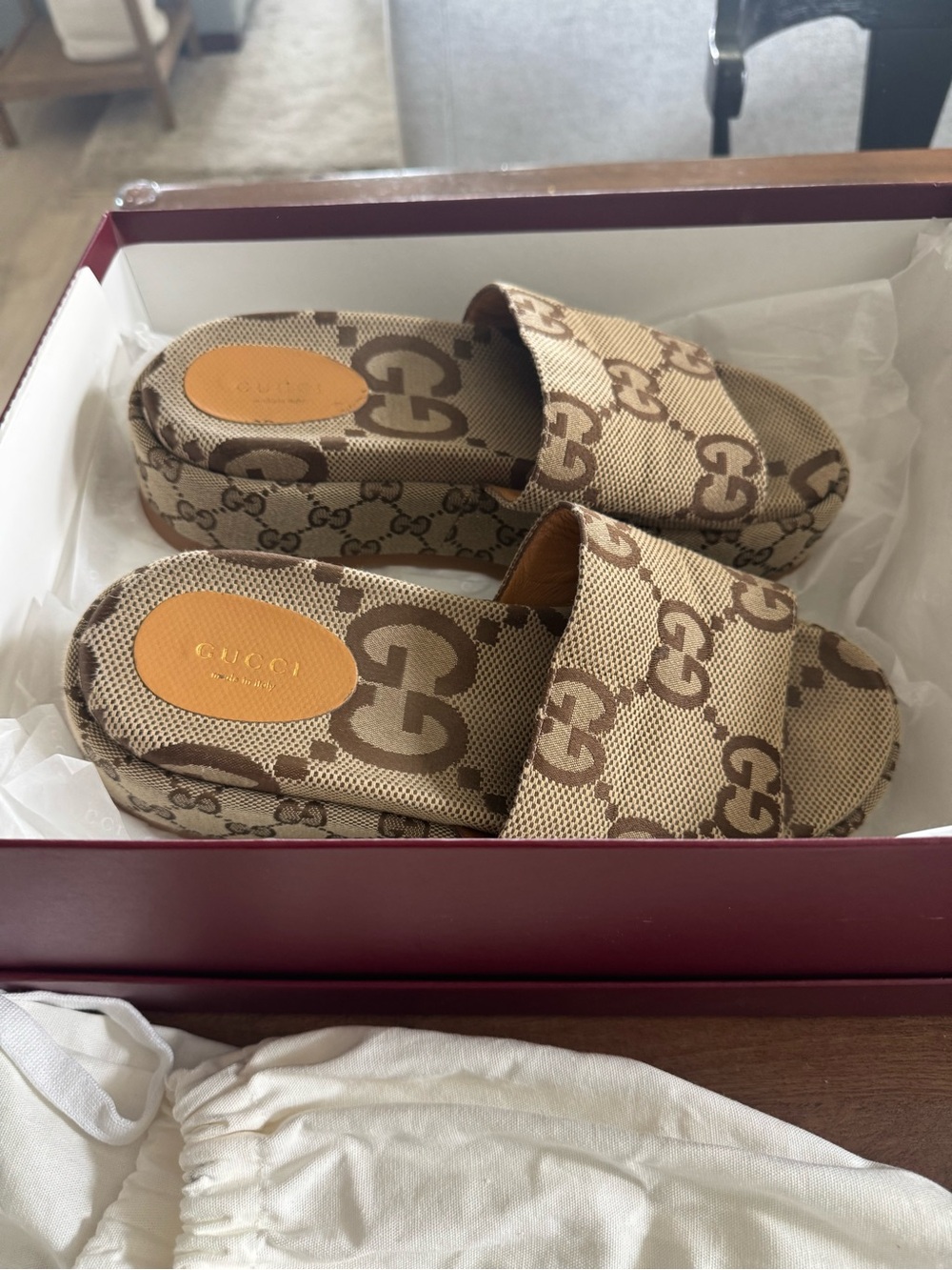 Gucci Beige Brown GG Canvas Platform Slide Sandals